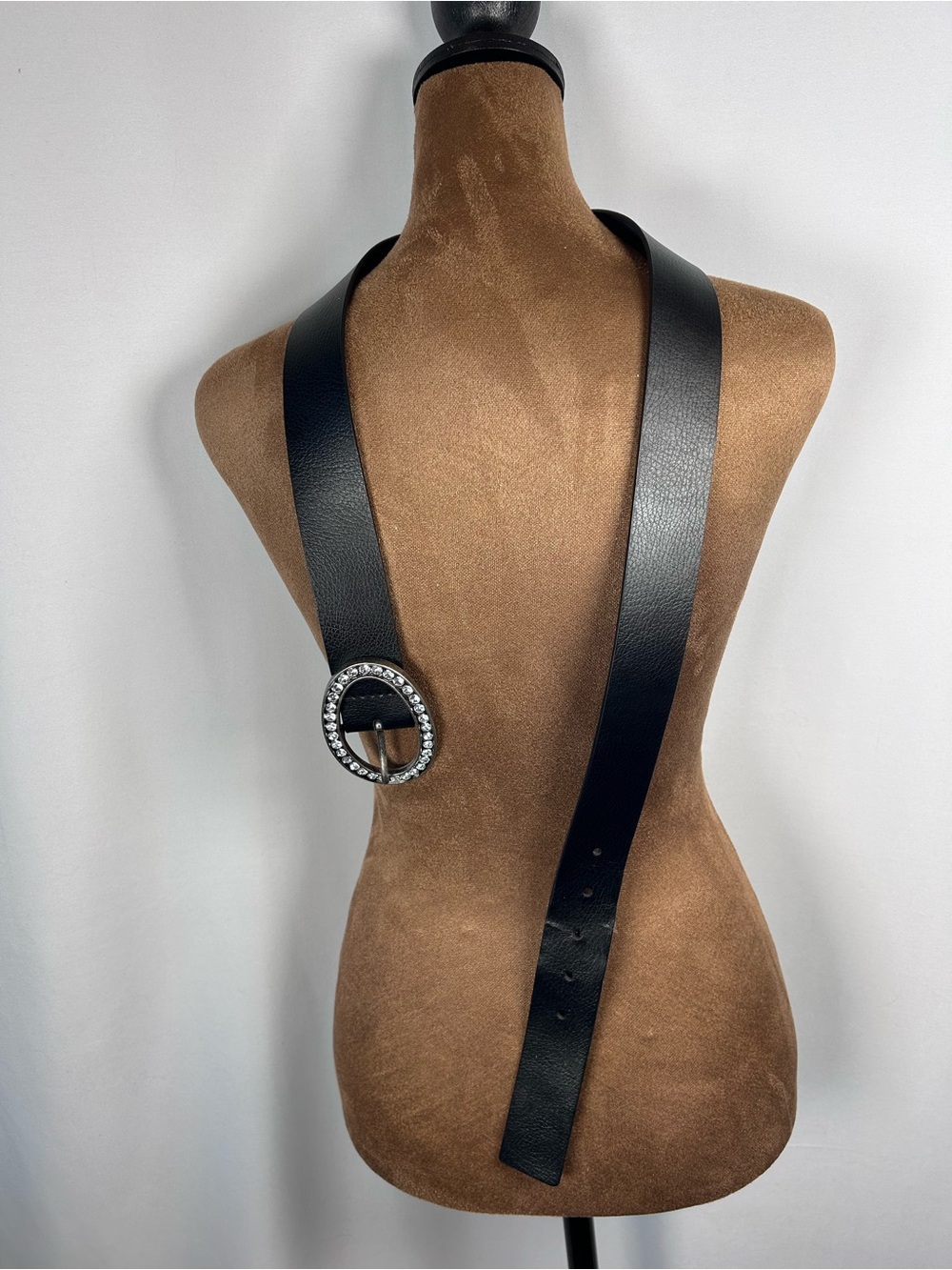 Black Leather Belt with Crystal-Embellished Oval Buckle